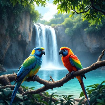 The primary subject of the image is a pair of colorful birds perched on a tree branch. The birds are sitting next to each other, creating a sense of companionship. The setting is a lush, green forest with a waterfall in the background, adding to the serene and natural atmosphere of the scene. The visual style of the image is a digital art or illustration, showcasing the vibrant colors and intricate details of the birds and their surroundings.
